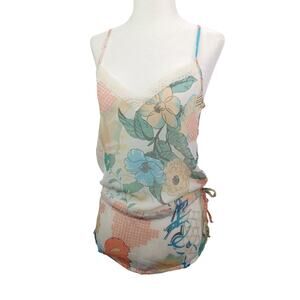 Vintage Y2K Womens Floral Sheer Lace Trim Cami Tank Top Size S Coquette Dainty